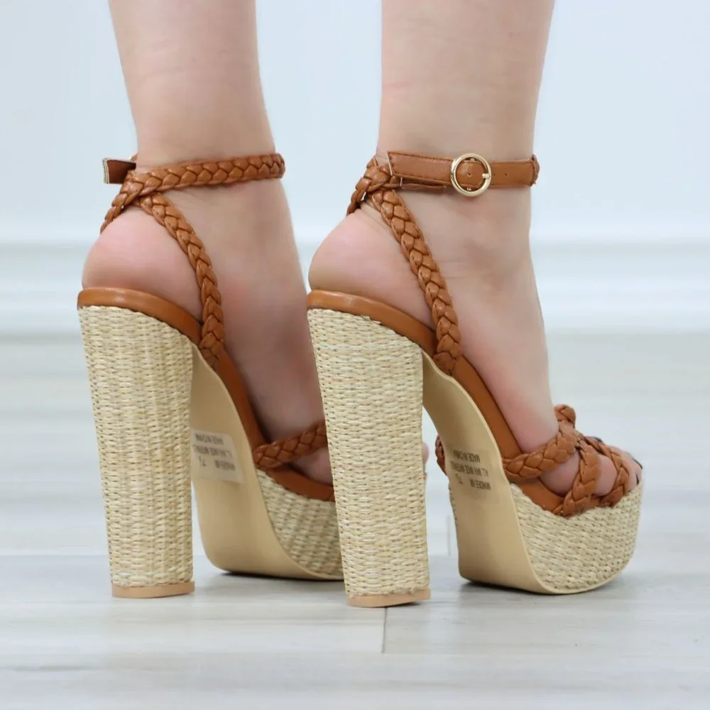 Brown Basket Weave Raffia Block High Heel Platforms - Picture 7 of 12